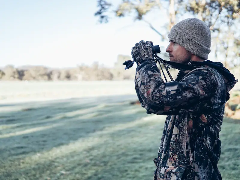 Man looking at birds with binoculars